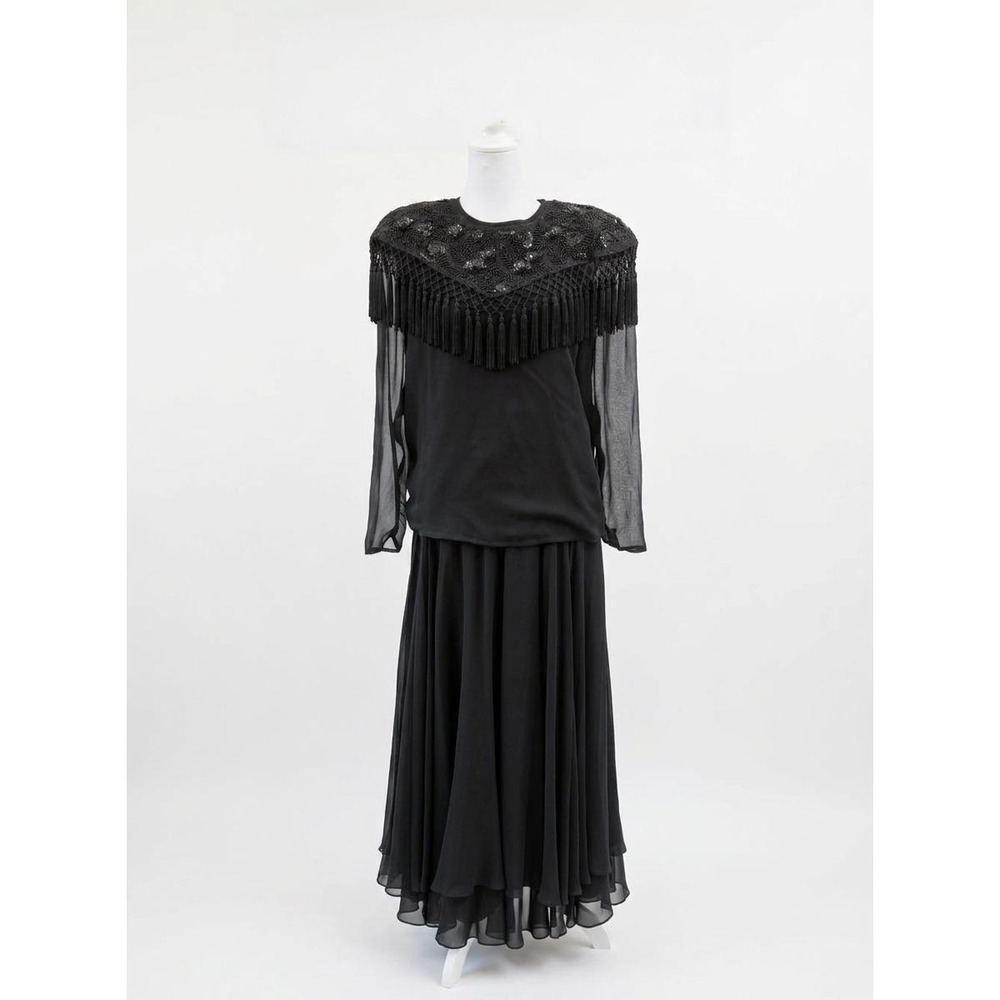 Vintage 1980s Diane Freis Black Silk Chiffon Beaded Fringe Top & Long Skirt